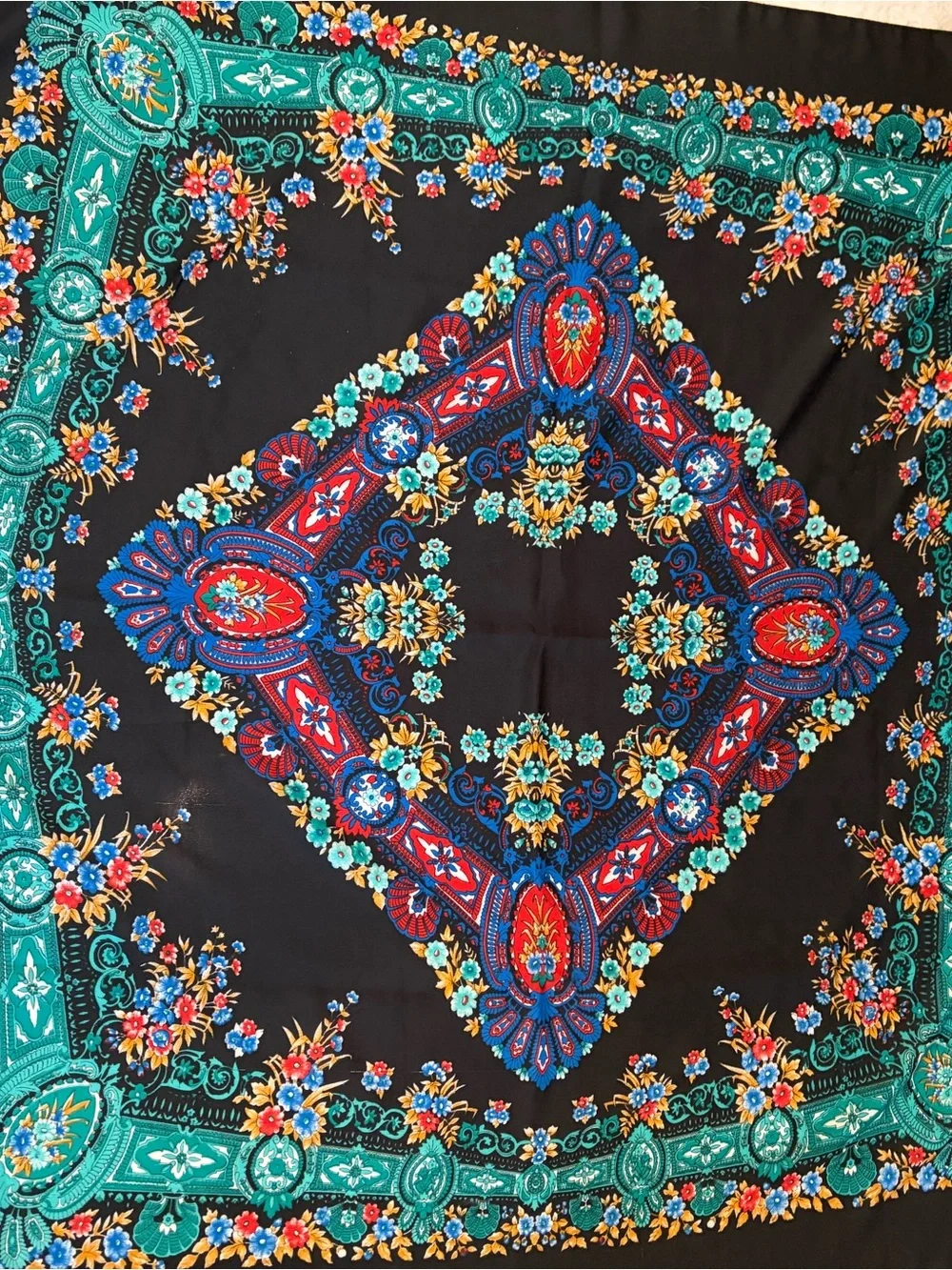 Floral Paisley Black Square Scarf with Turquoise & Red Accents